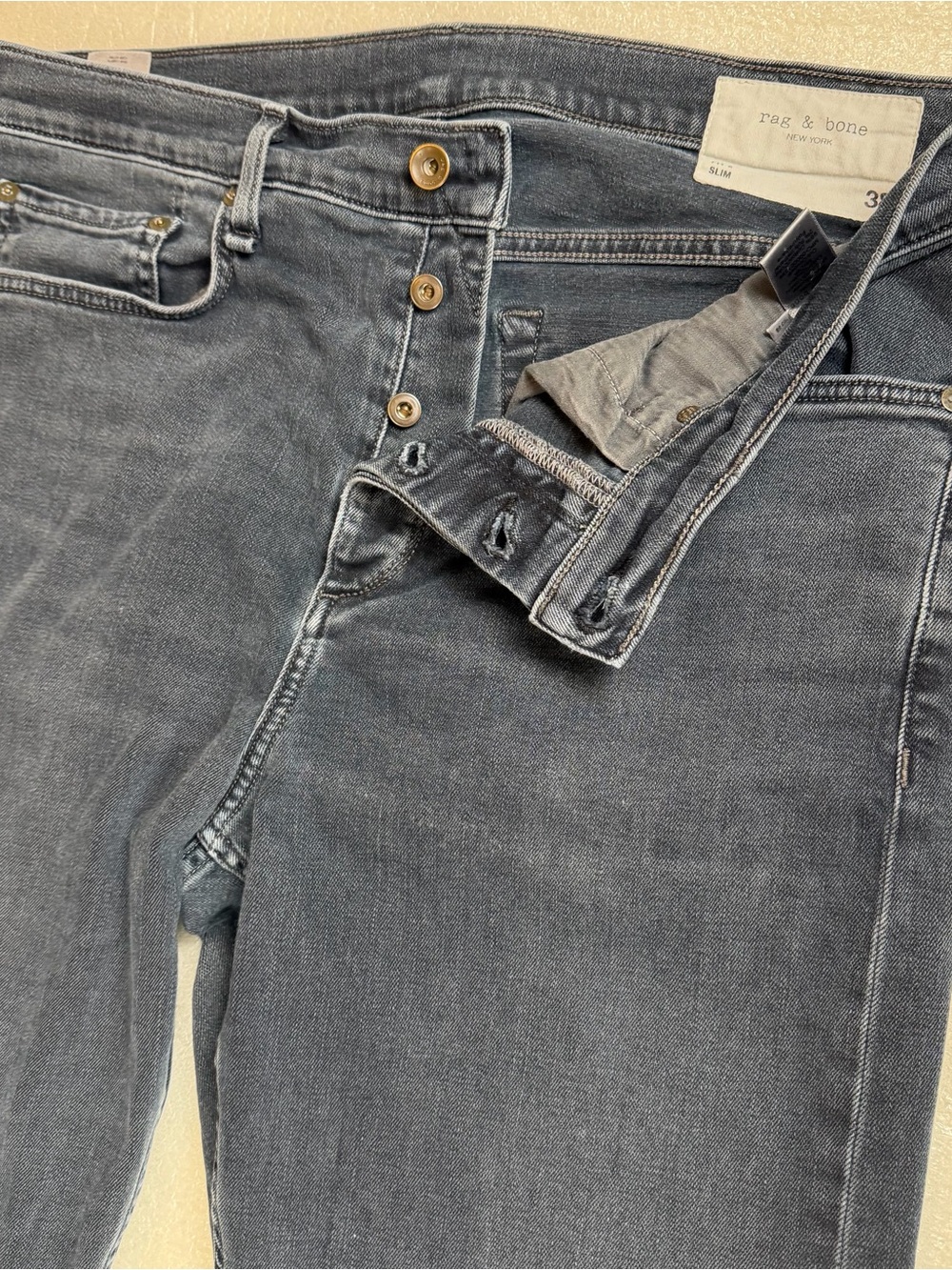 Rag & Bone Fit 2 Slim Black/Grey Wash Men's Jeans 38x34 Button Fly Smart Casual